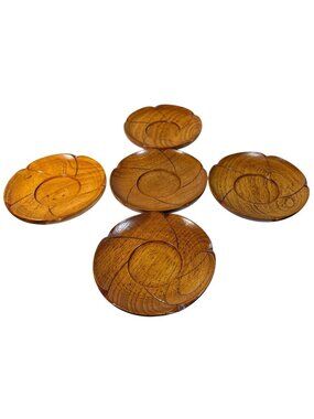 Handcrafted Wooden Coaster Plate Saucer Carved Petal Design Lot Of 5 Natural Fin